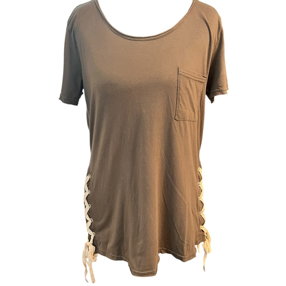 POL Brown Short Sleeve Tee with Beige Lace-Up Sides, Size S NWOT